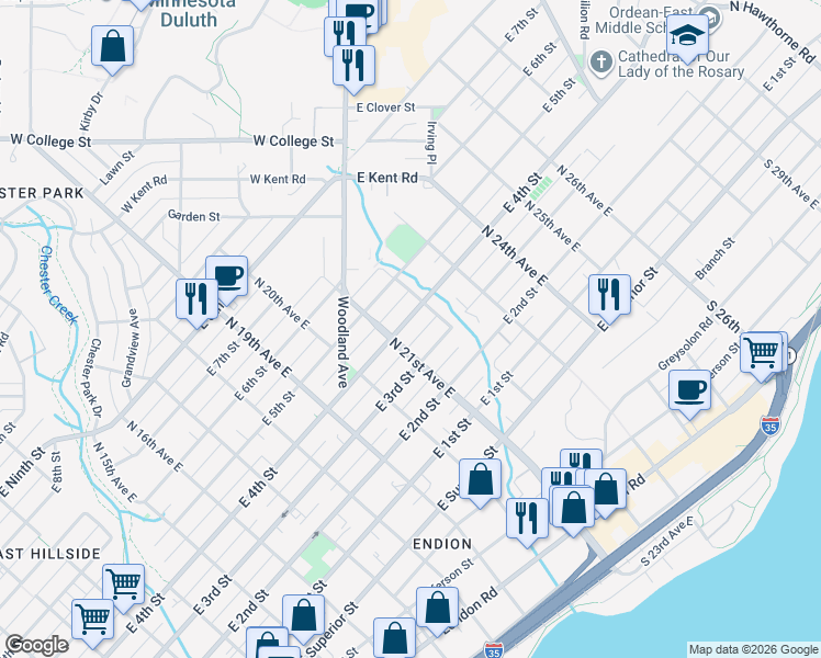 map of restaurants, bars, coffee shops, grocery stores, and more near 2123 East 4th Street in Duluth