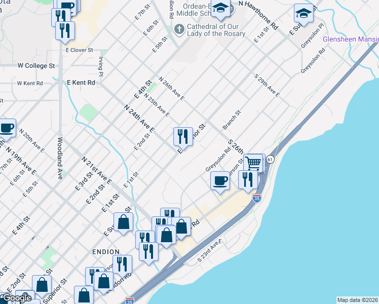 map of restaurants, bars, coffee shops, grocery stores, and more near in Duluth