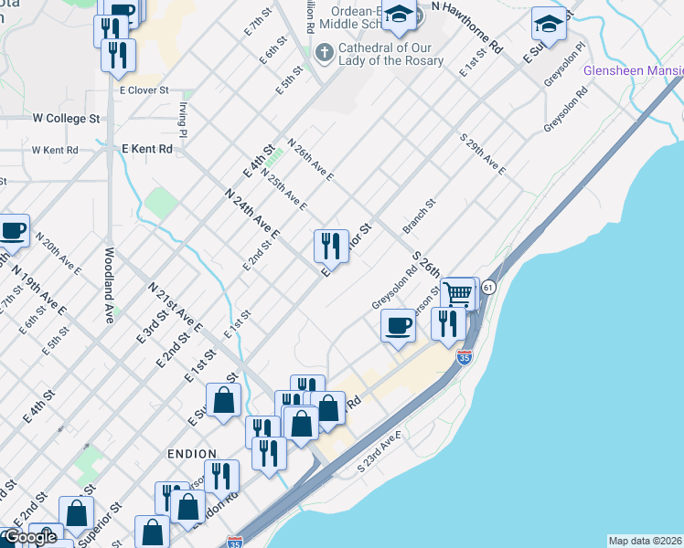 map of restaurants, bars, coffee shops, grocery stores, and more near in Duluth