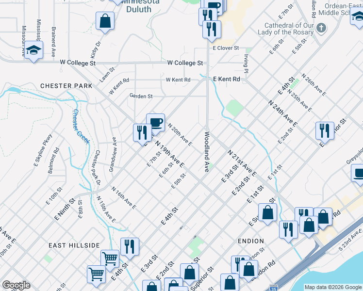 map of restaurants, bars, coffee shops, grocery stores, and more near 623 North 20th Avenue East in Duluth