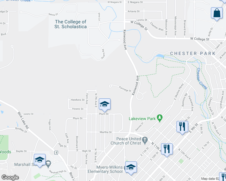 map of restaurants, bars, coffee shops, grocery stores, and more near 902 Partridge Street in Duluth