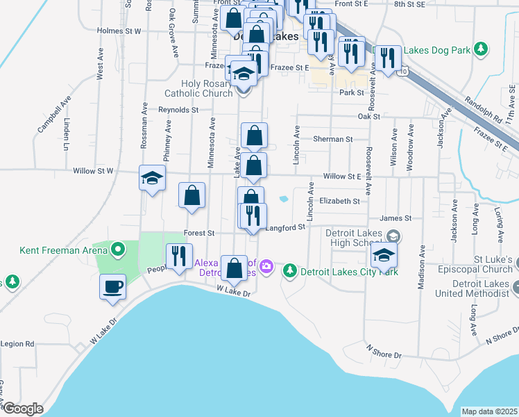 map of restaurants, bars, coffee shops, grocery stores, and more near 1215 Washington Avenue in Detroit Lakes