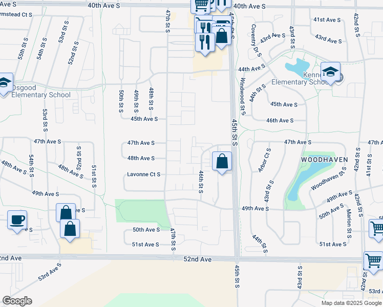 map of restaurants, bars, coffee shops, grocery stores, and more near 4551 47th Avenue South in Fargo