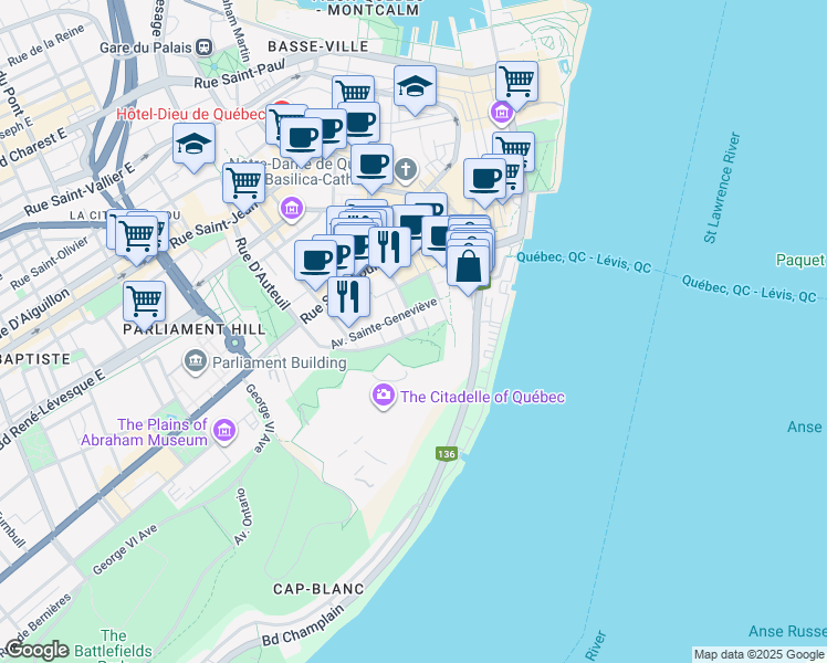 map of restaurants, bars, coffee shops, grocery stores, and more near 2 Avenue Saint Denis in Quebec