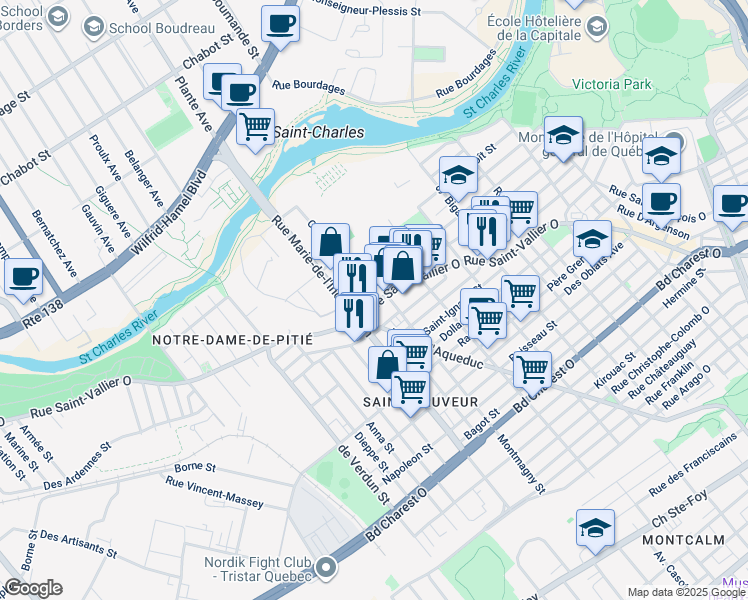 map of restaurants, bars, coffee shops, grocery stores, and more near 672 Rue Saint-Vallier Ouest in Québec