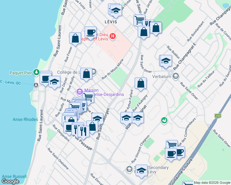 map of restaurants, bars, coffee shops, grocery stores, and more near 27 Rue Sauvageau in Lévis