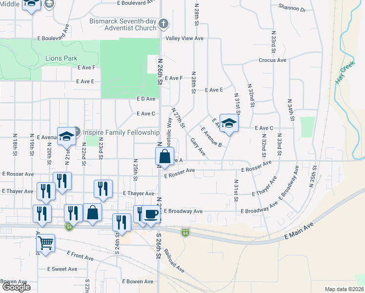 map of restaurants, bars, coffee shops, grocery stores, and more near 538 North 27th Street in Bismarck