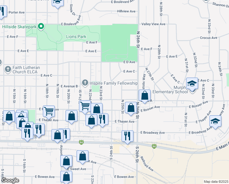 map of restaurants, bars, coffee shops, grocery stores, and more near 606 N 25th St in Bismarck