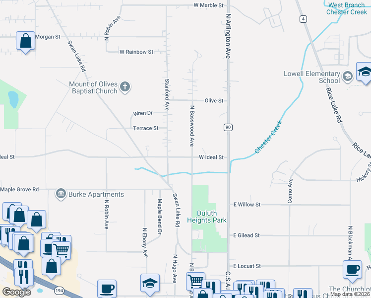 map of restaurants, bars, coffee shops, grocery stores, and more near 1305 North Basswood Avenue in Duluth