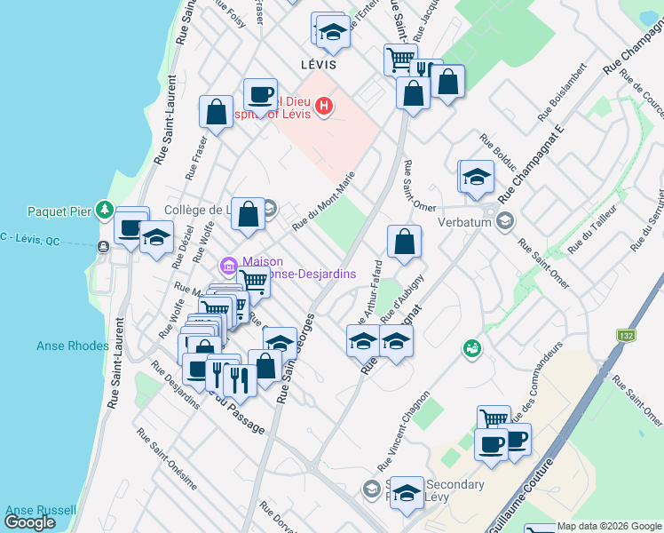map of restaurants, bars, coffee shops, grocery stores, and more near 27 Rue Sauvageau in Lévis
