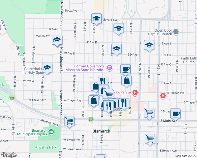 map of restaurants, bars, coffee shops, grocery stores, and more near 500 North 3rd Street in Bismarck