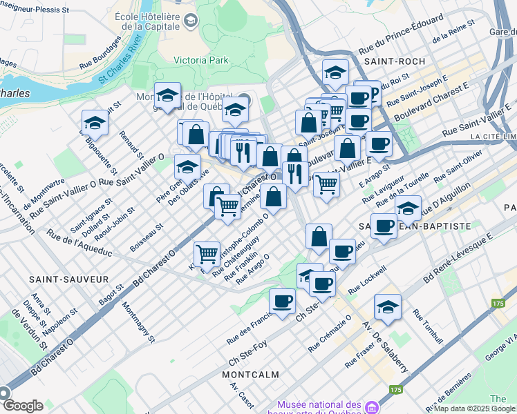 map of restaurants, bars, coffee shops, grocery stores, and more near 105 Rue Hermine in Ville de Québec