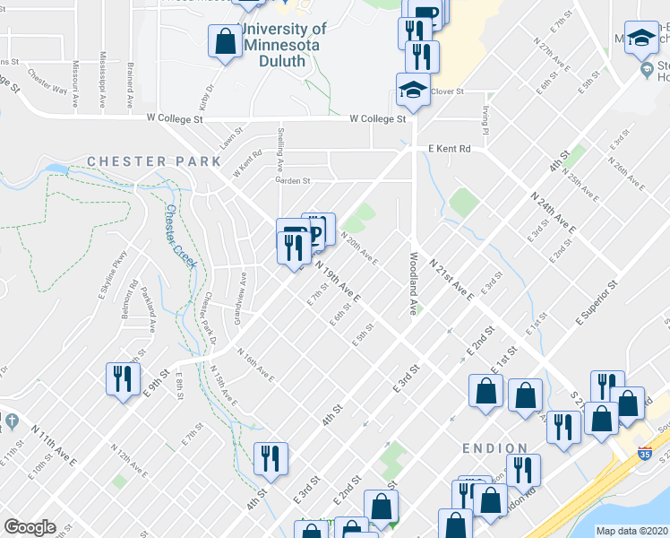 map of restaurants, bars, coffee shops, grocery stores, and more near 1919 East 7th Street in Duluth