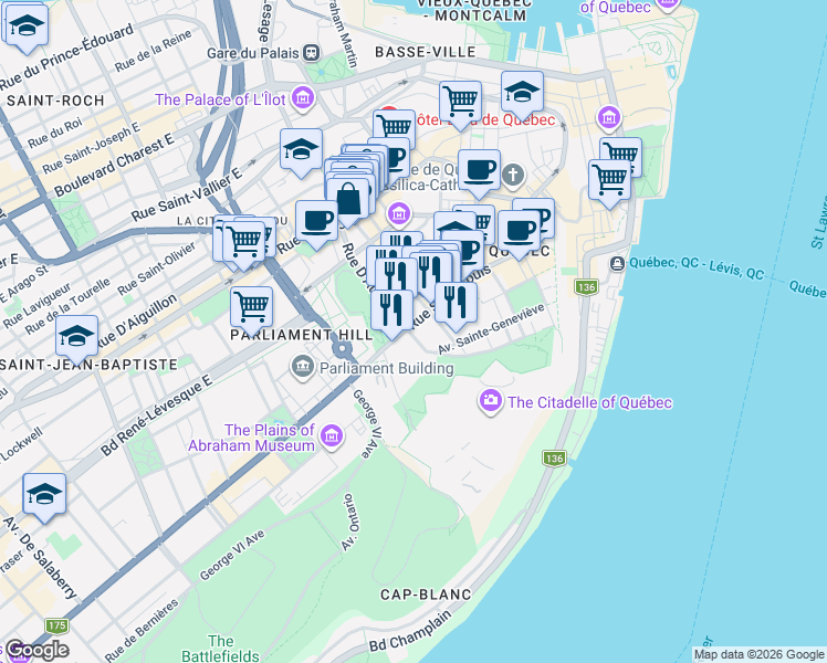 map of restaurants, bars, coffee shops, grocery stores, and more near 86 Rue Saint-Louis in Québec