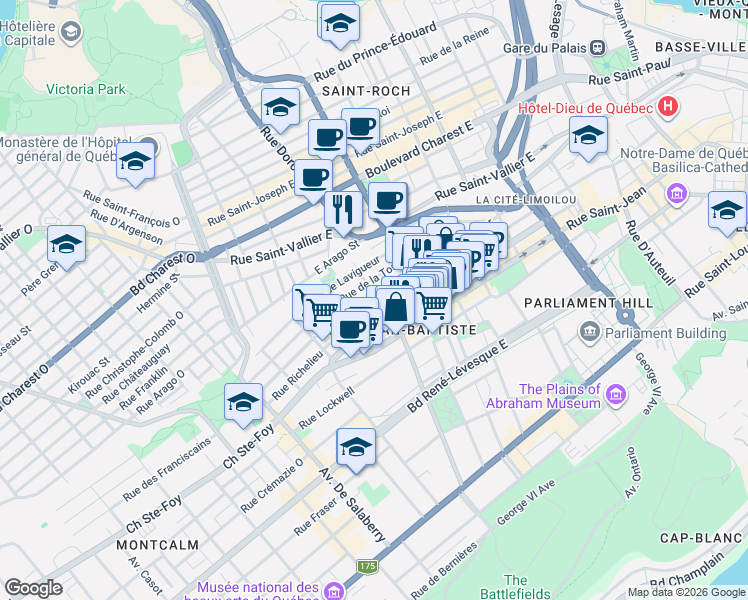 map of restaurants, bars, coffee shops, grocery stores, and more near 730 Rue Deligny in Québec