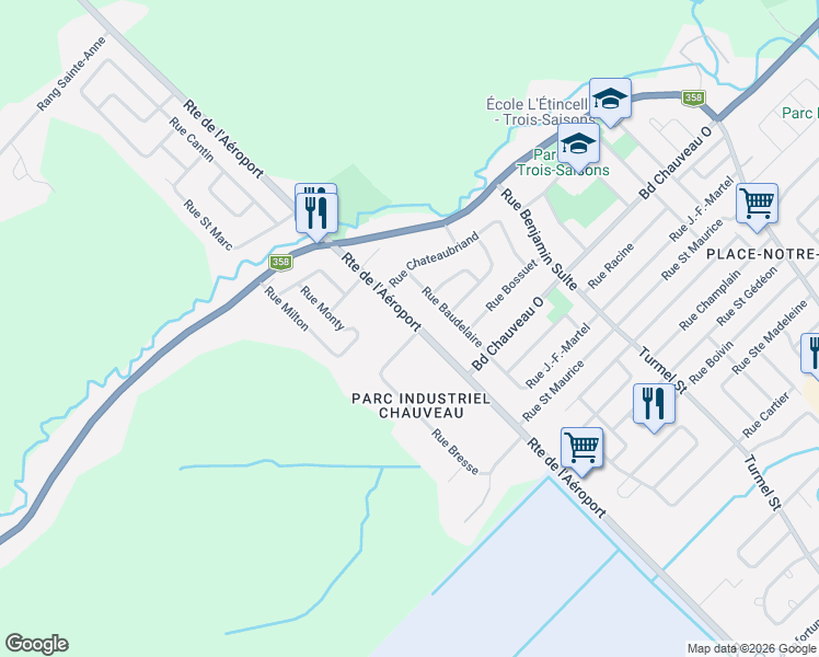 map of restaurants, bars, coffee shops, grocery stores, and more near 1812 Route de l'Aéroport in Québec