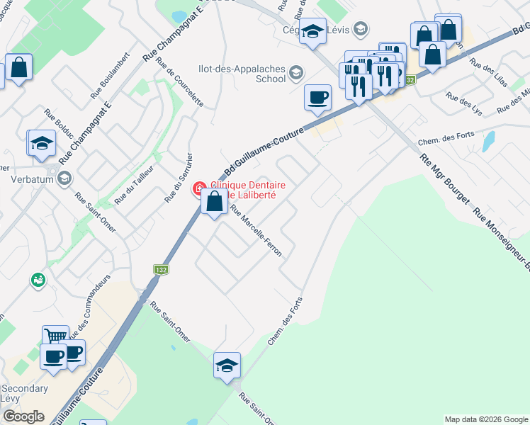 map of restaurants, bars, coffee shops, grocery stores, and more near 7011 Rue Ludger-Ruelland in Lévis