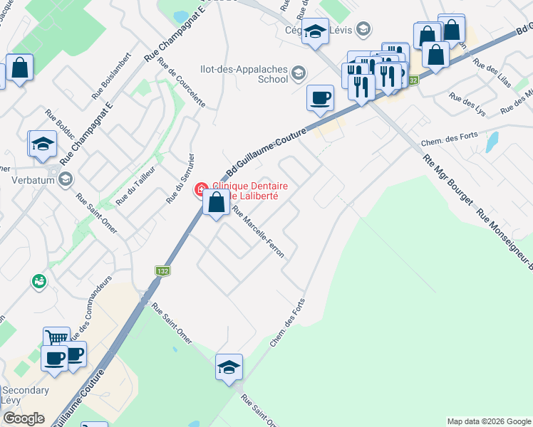 map of restaurants, bars, coffee shops, grocery stores, and more near 7011 Rue Ludger-Ruelland in Lévis