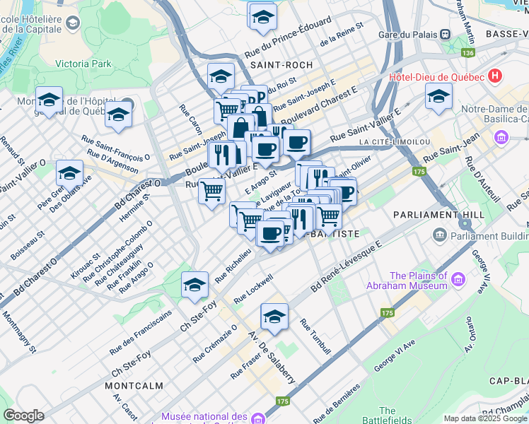 map of restaurants, bars, coffee shops, grocery stores, and more near Rue de la Tourelle in Québec