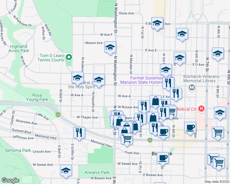 map of restaurants, bars, coffee shops, grocery stores, and more near 510 North Washington Street in Bismarck