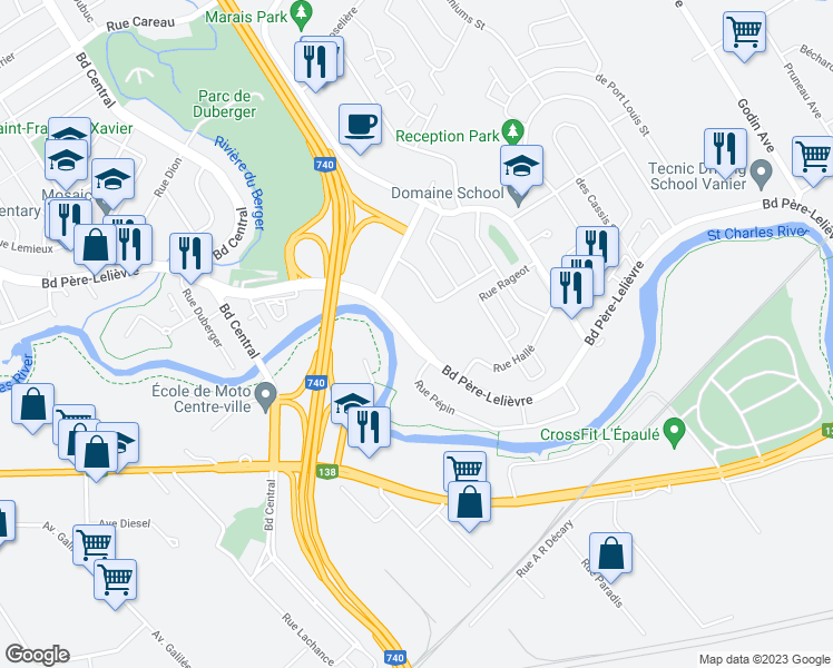 map of restaurants, bars, coffee shops, grocery stores, and more near 1750 Boulevard Père-Lelièvre in Québec