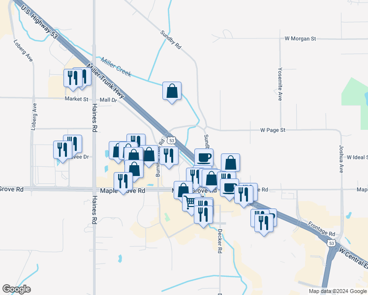 map of restaurants, bars, coffee shops, grocery stores, and more near 1901 Miller Trunk Highway in Duluth