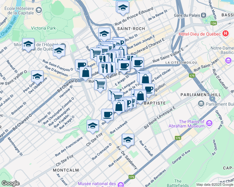 map of restaurants, bars, coffee shops, grocery stores, and more near 684 Rue Sutherland in Ville de Québec