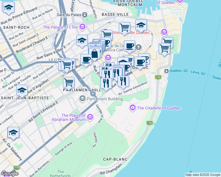 map of restaurants, bars, coffee shops, grocery stores, and more near 85 Rue Saint Louis in Quebec