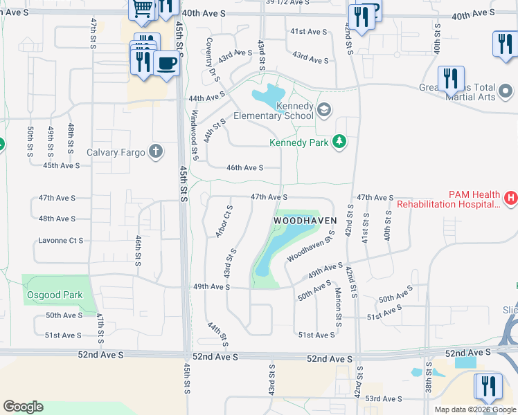 map of restaurants, bars, coffee shops, grocery stores, and more near 4702 43rd Street South in Fargo