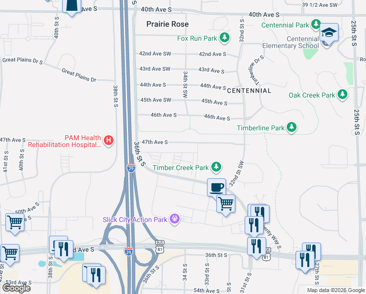 map of restaurants, bars, coffee shops, grocery stores, and more near 3431 47th Avenue South in Fargo