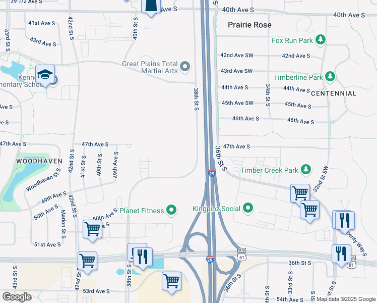 map of restaurants, bars, coffee shops, grocery stores, and more near 4671 38th Street South in Fargo