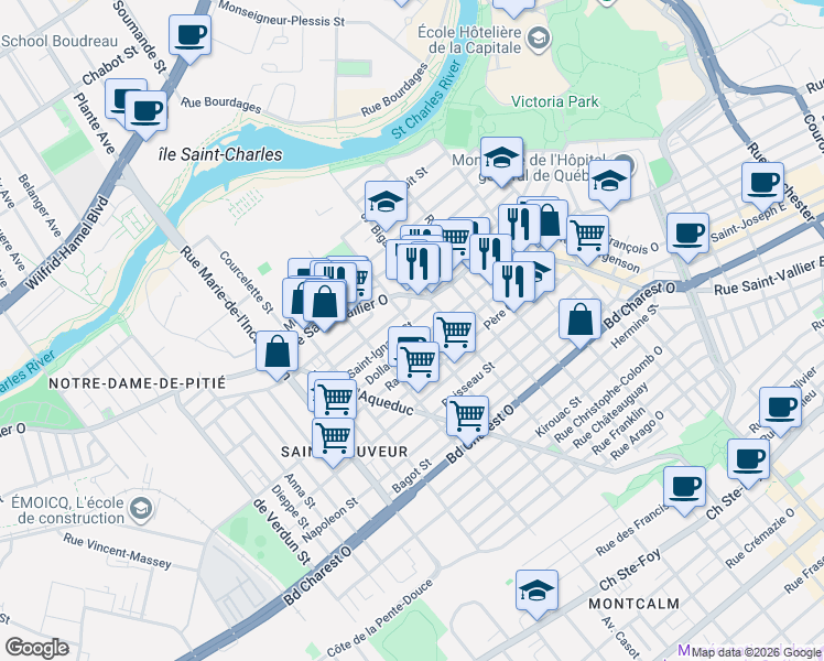 map of restaurants, bars, coffee shops, grocery stores, and more near 256 Rue Saint-Luc in Québec