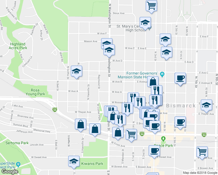 map of restaurants, bars, coffee shops, grocery stores, and more near 510 North Washington Street in Bismarck