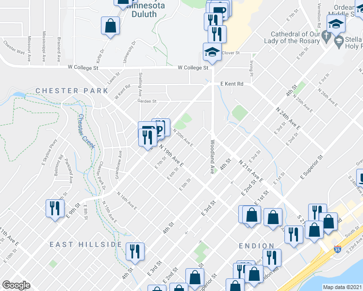 map of restaurants, bars, coffee shops, grocery stores, and more near 1924 East 7th Street in Duluth