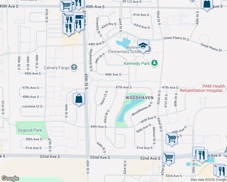 map of restaurants, bars, coffee shops, grocery stores, and more near 4702 43rd Street South in Fargo