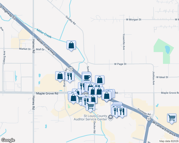map of restaurants, bars, coffee shops, grocery stores, and more near 1805 Sundby Road in Duluth