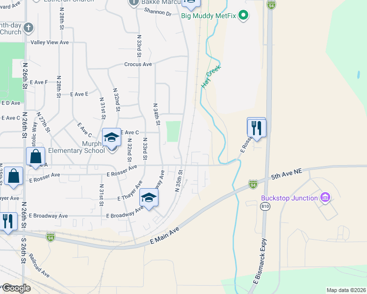 map of restaurants, bars, coffee shops, grocery stores, and more near 617 North 35th Street in Bismarck
