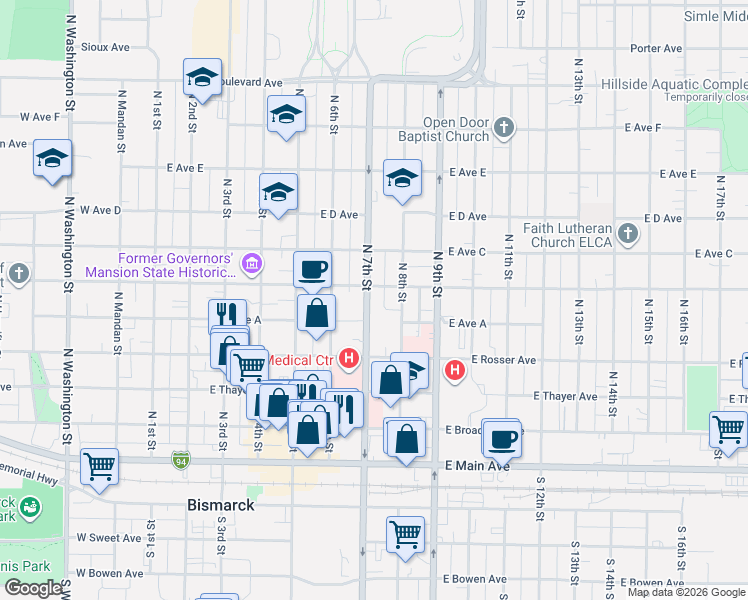 map of restaurants, bars, coffee shops, grocery stores, and more near 725 East Avenue B in Bismarck