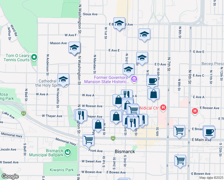 map of restaurants, bars, coffee shops, grocery stores, and more near 522 North 2nd Street in Bismarck