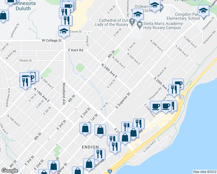 map of restaurants, bars, coffee shops, grocery stores, and more near 2300 East 2nd Street in Duluth