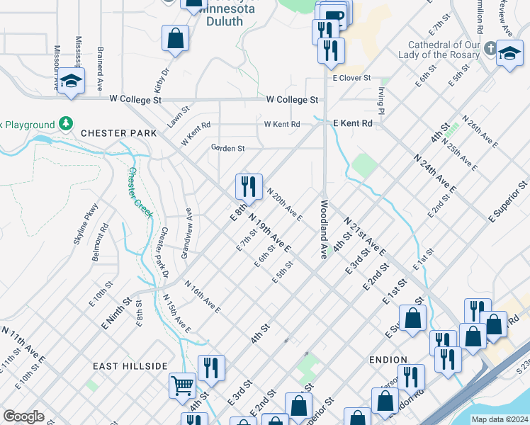 map of restaurants, bars, coffee shops, grocery stores, and more near 1911 East 7th Street in Duluth