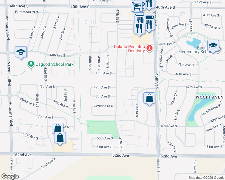 map of restaurants, bars, coffee shops, grocery stores, and more near 4724 47th Street South in Fargo