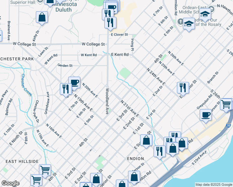 map of restaurants, bars, coffee shops, grocery stores, and more near 428 North 21st Avenue East in Duluth