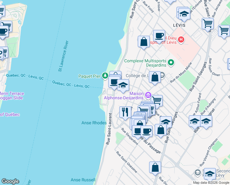 map of restaurants, bars, coffee shops, grocery stores, and more near 5990 Rue Saint-Laurent in Lévis