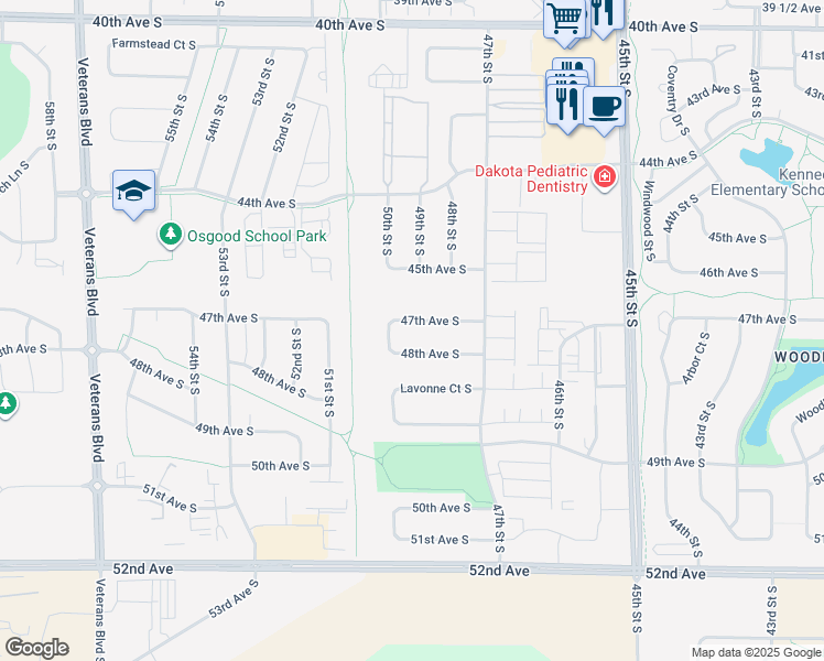 map of restaurants, bars, coffee shops, grocery stores, and more near 4844 47th Avenue South in Fargo