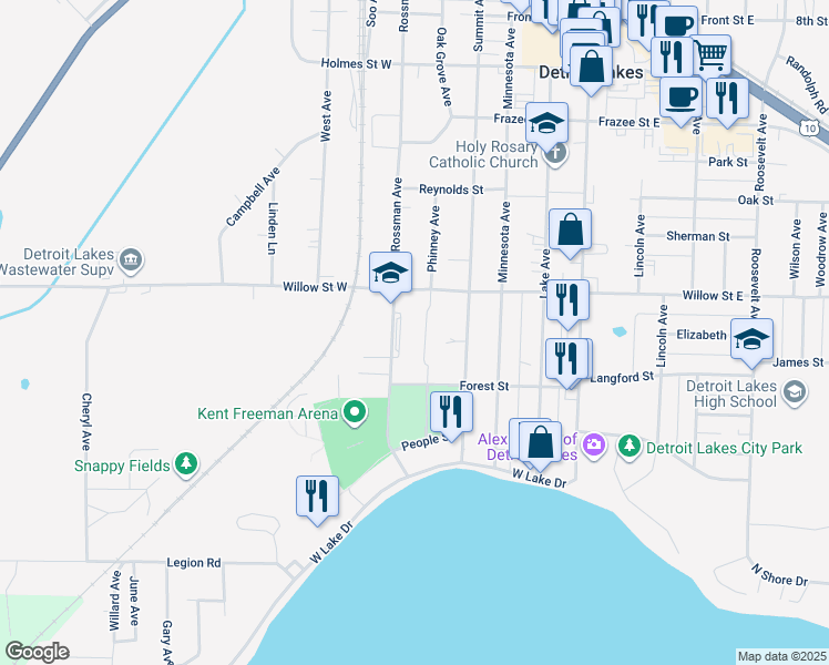 map of restaurants, bars, coffee shops, grocery stores, and more near 1221 Rossman Avenue in Detroit Lakes