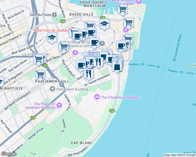 map of restaurants, bars, coffee shops, grocery stores, and more near 28 Avenue Sainte-Geneviève in Québec