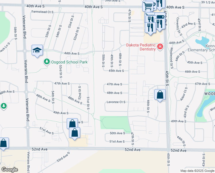map of restaurants, bars, coffee shops, grocery stores, and more near 4844 47th Avenue South in Fargo
