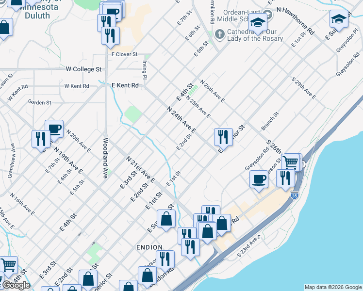 map of restaurants, bars, coffee shops, grocery stores, and more near 2301 East 2nd Street in Duluth