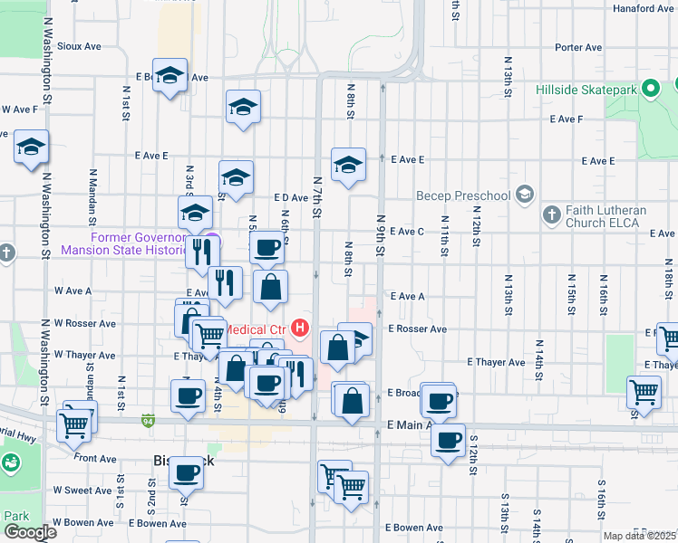 map of restaurants, bars, coffee shops, grocery stores, and more near 725 East Avenue B in Bismarck
